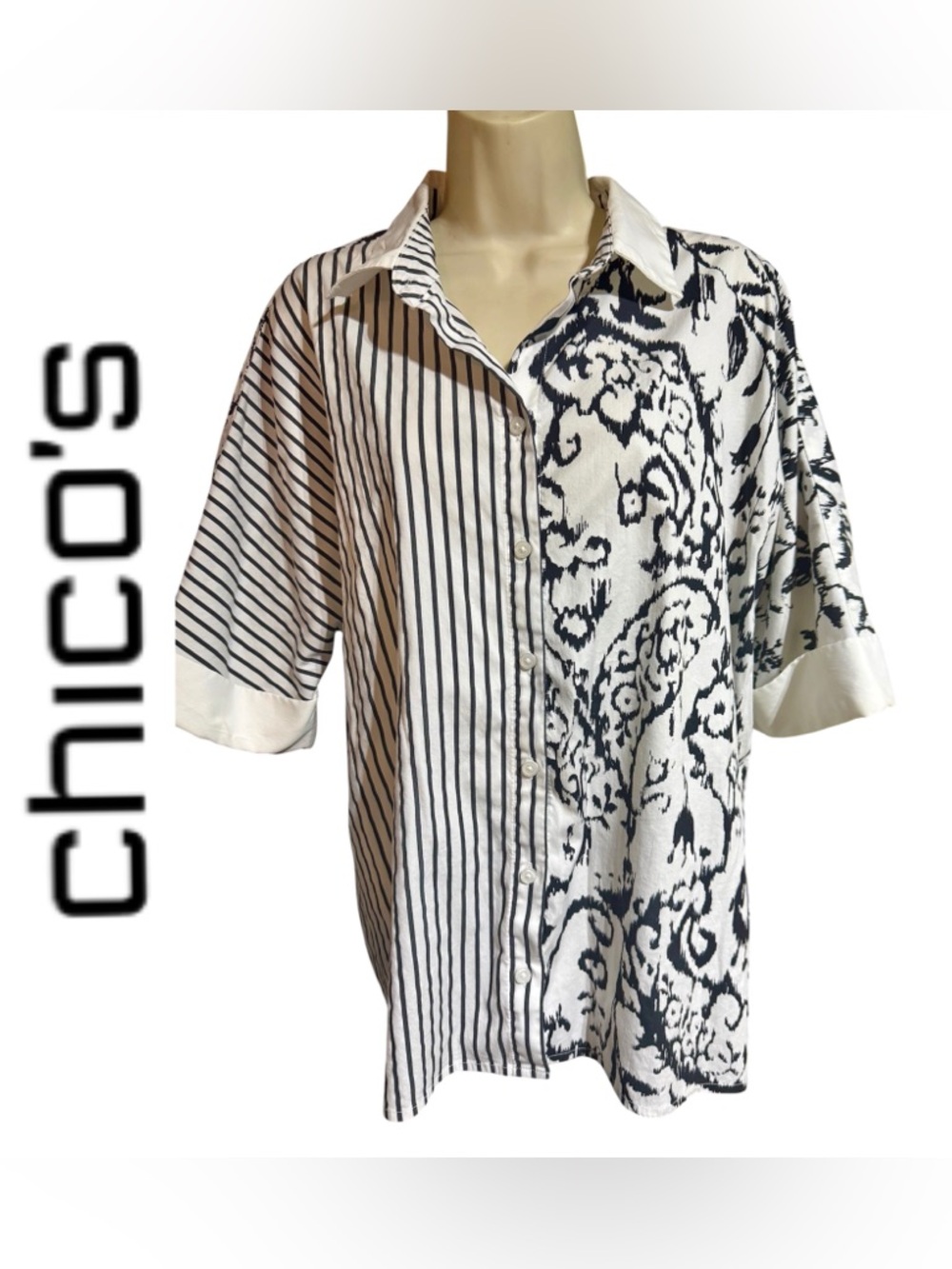 Chico's Black & White Mixed Stripe and Damask Button-Down Shirt